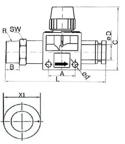 Zeichnung Riegler® Absperrhahn Standard mit Außengewinde und Steckanschluss
